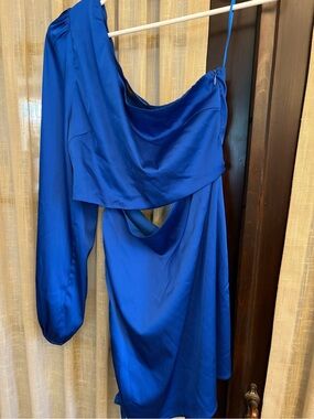 Stella Dallas  Cobalt Blue Asymmetric One-Sleeve Satin Dress